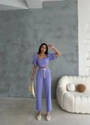 KETEN CROP KARPUZ KOL BLUZ-PANTOLON HASIR KEMERLİ - Mor resmi